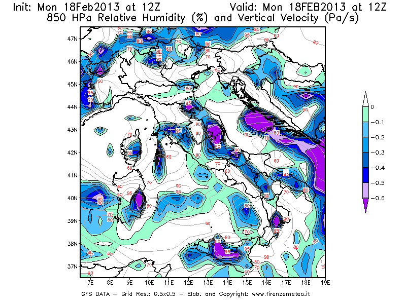 Mappa di analisi GFS - Umidità relativa [%] e Omega [Pa/s] a 850 hPa in Italia
							del 18/02/2013 12 <!--googleoff: index-->UTC<!--googleon: index-->
