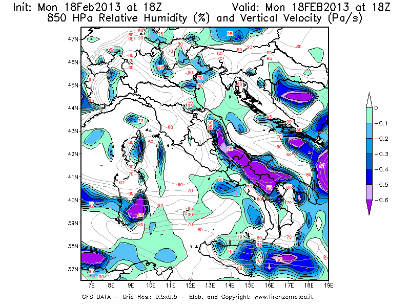 Mappa di analisi GFS - Umidità relativa [%] e Omega [Pa/s] a 850 hPa in Italia
							del 18/02/2013 18 <!--googleoff: index-->UTC<!--googleon: index-->
