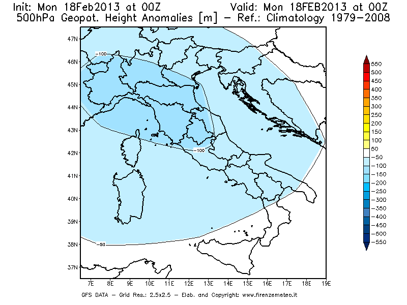 Mappa di analisi GFS - Anomalia di Geopotenziale a 500 hPa in Italia
							del 18/02/2013 00 <!--googleoff: index-->UTC<!--googleon: index-->