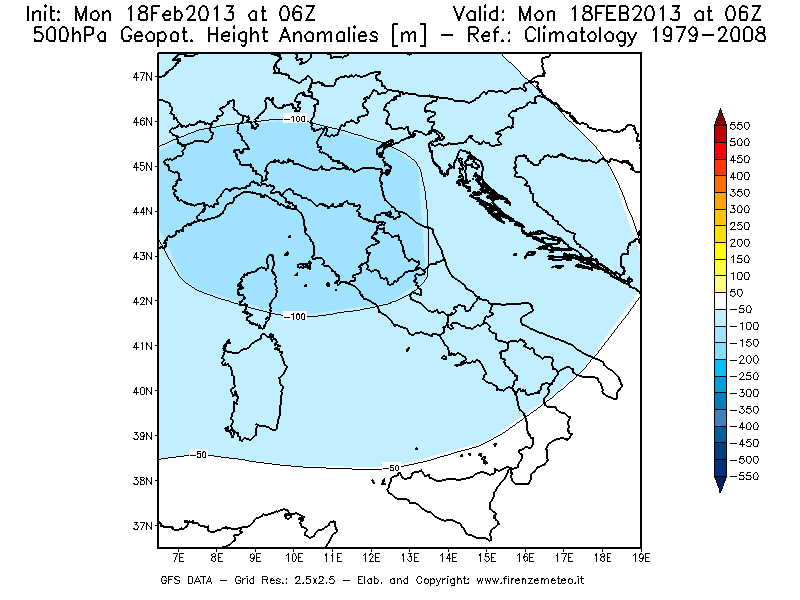 Mappa di analisi GFS - Anomalia di Geopotenziale a 500 hPa in Italia
							del 18/02/2013 06 <!--googleoff: index-->UTC<!--googleon: index-->