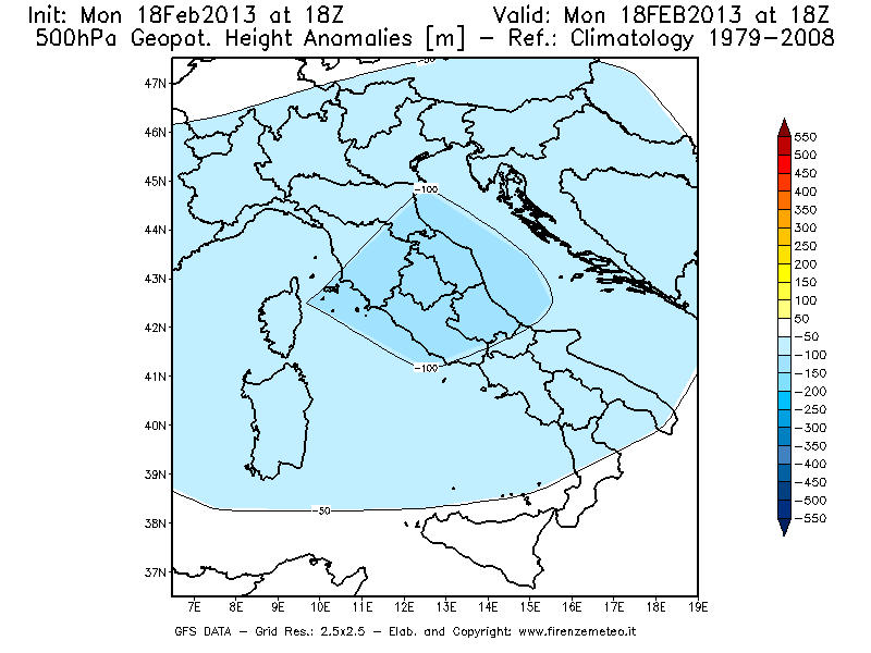 Mappa di analisi GFS - Anomalia di Geopotenziale a 500 hPa in Italia
							del 18/02/2013 18 <!--googleoff: index-->UTC<!--googleon: index-->