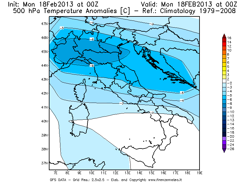 Mappa di analisi GFS - Anomalia Temperatura [°C] a 500 hPa in Italia
							del 18/02/2013 00 <!--googleoff: index-->UTC<!--googleon: index-->