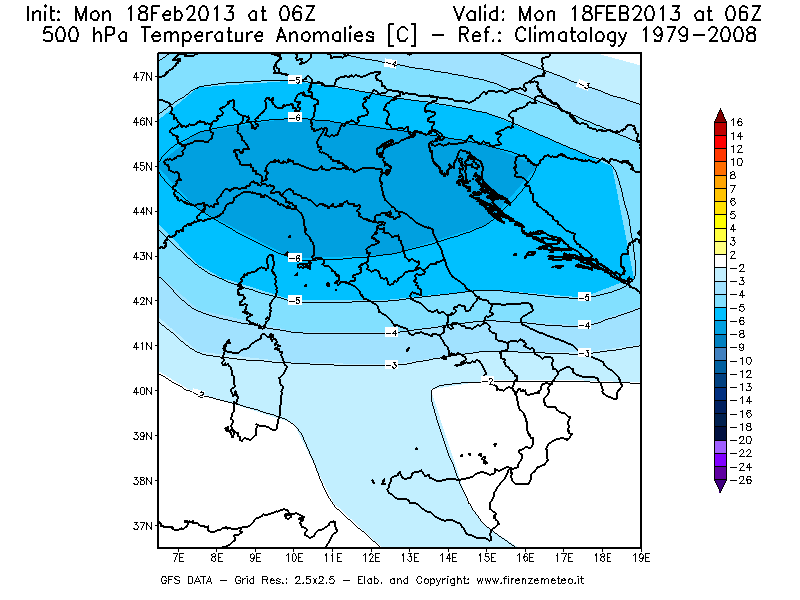 Mappa di analisi GFS - Anomalia Temperatura [°C] a 500 hPa in Italia
							del 18/02/2013 06 <!--googleoff: index-->UTC<!--googleon: index-->