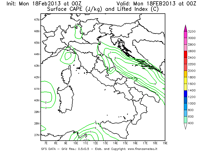 Mappa di analisi GFS - CAPE [J/kg] e Lifted Index [°C] in Italia
							del 18/02/2013 00 <!--googleoff: index-->UTC<!--googleon: index-->