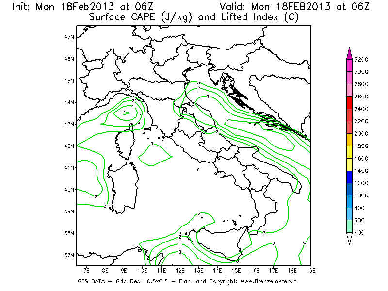 Mappa di analisi GFS - CAPE [J/kg] e Lifted Index [°C] in Italia
							del 18/02/2013 06 <!--googleoff: index-->UTC<!--googleon: index-->