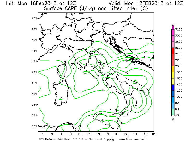 Mappa di analisi GFS - CAPE [J/kg] e Lifted Index [°C] in Italia
							del 18/02/2013 12 <!--googleoff: index-->UTC<!--googleon: index-->