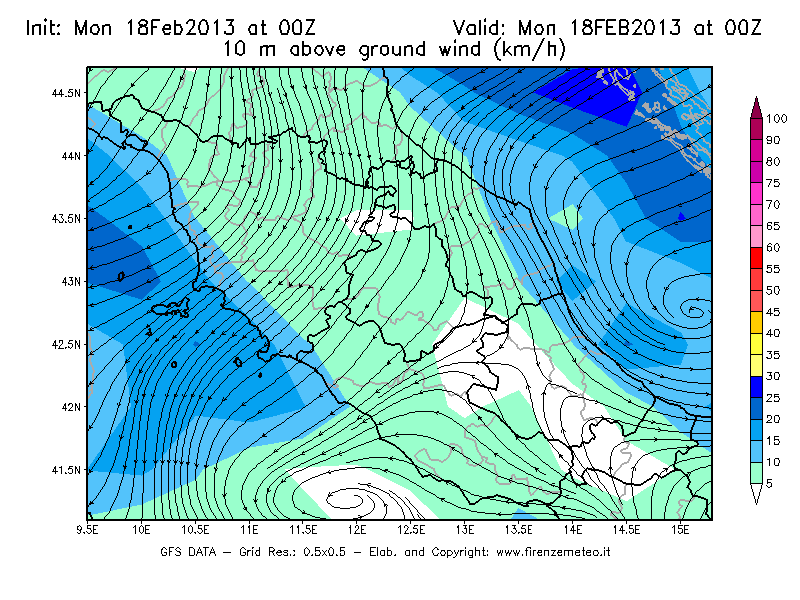 Mappa di analisi GFS - Velocità del vento a 10 metri dal suolo [km/h] in Centro-Italia
							del 18/02/2013 00 <!--googleoff: index-->UTC<!--googleon: index-->