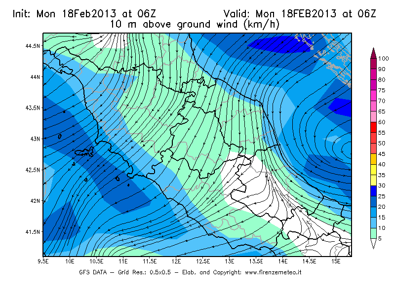 Mappa di analisi GFS - Velocità del vento a 10 metri dal suolo [km/h] in Centro-Italia
							del 18/02/2013 06 <!--googleoff: index-->UTC<!--googleon: index-->