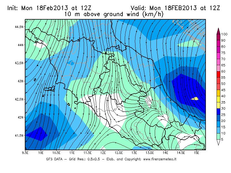 Mappa di analisi GFS - Velocità del vento a 10 metri dal suolo [km/h] in Centro-Italia
							del 18/02/2013 12 <!--googleoff: index-->UTC<!--googleon: index-->