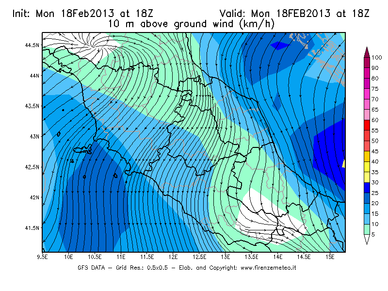 Mappa di analisi GFS - Velocità del vento a 10 metri dal suolo [km/h] in Centro-Italia
							del 18/02/2013 18 <!--googleoff: index-->UTC<!--googleon: index-->
