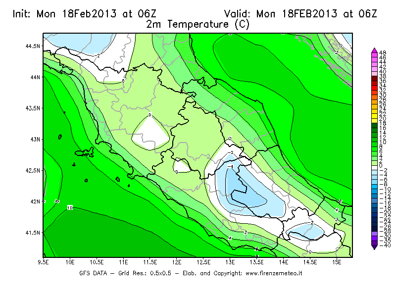Mappa di analisi GFS - Temperatura a 2 metri dal suolo [°C] in Centro-Italia
							del 18/02/2013 06 <!--googleoff: index-->UTC<!--googleon: index-->