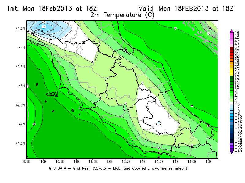 Mappa di analisi GFS - Temperatura a 2 metri dal suolo [°C] in Centro-Italia
							del 18/02/2013 18 <!--googleoff: index-->UTC<!--googleon: index-->