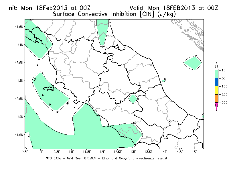 Mappa di analisi GFS - CIN [J/kg] in Centro-Italia
							del 18/02/2013 00 <!--googleoff: index-->UTC<!--googleon: index-->