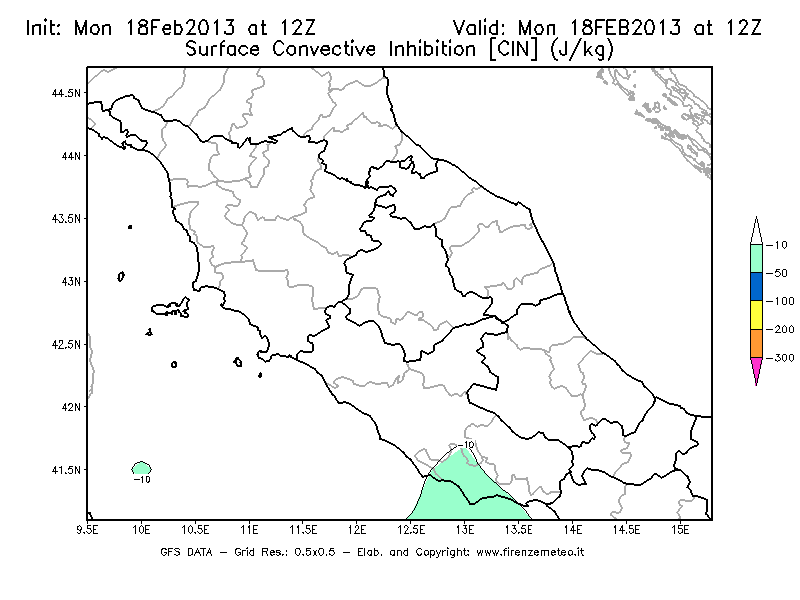 Mappa di analisi GFS - CIN [J/kg] in Centro-Italia
							del 18/02/2013 12 <!--googleoff: index-->UTC<!--googleon: index-->