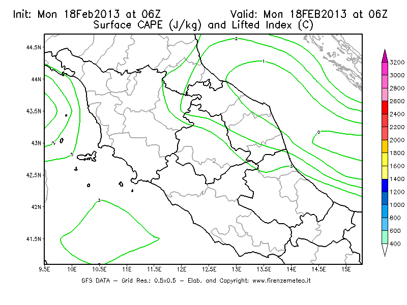 Mappa di analisi GFS - CAPE [J/kg] e Lifted Index [°C] in Centro-Italia
							del 18/02/2013 06 <!--googleoff: index-->UTC<!--googleon: index-->