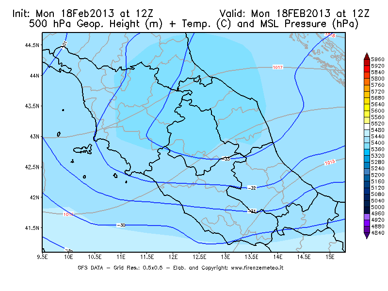Mappa di analisi GFS - Geopotenziale [m] + Temp. [°C] a 500 hPa + Press. a livello del mare [hPa] in Centro-Italia
							del 18/02/2013 12 <!--googleoff: index-->UTC<!--googleon: index-->