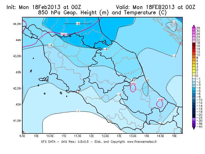 Mappa di analisi GFS - Geopotenziale [m] e Temperatura [°C] a 850 hPa in Centro-Italia
							del 18/02/2013 00 <!--googleoff: index-->UTC<!--googleon: index-->