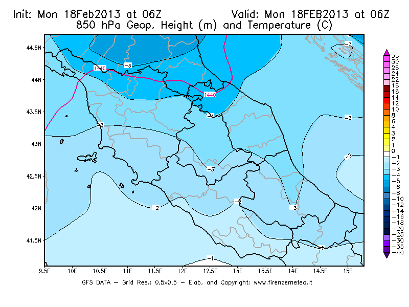 Mappa di analisi GFS - Geopotenziale [m] e Temperatura [°C] a 850 hPa in Centro-Italia
							del 18/02/2013 06 <!--googleoff: index-->UTC<!--googleon: index-->