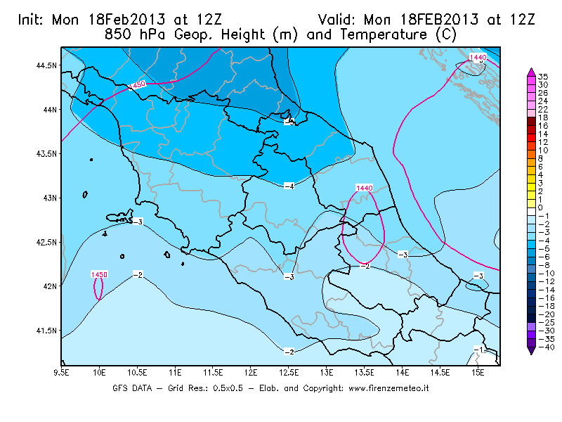 Mappa di analisi GFS - Geopotenziale [m] e Temperatura [°C] a 850 hPa in Centro-Italia
							del 18/02/2013 12 <!--googleoff: index-->UTC<!--googleon: index-->