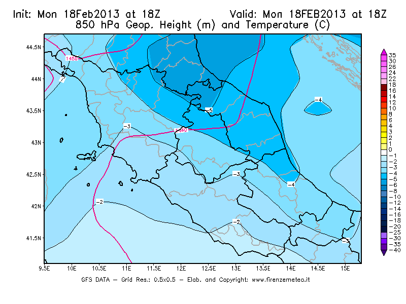 Mappa di analisi GFS - Geopotenziale [m] e Temperatura [°C] a 850 hPa in Centro-Italia
							del 18/02/2013 18 <!--googleoff: index-->UTC<!--googleon: index-->