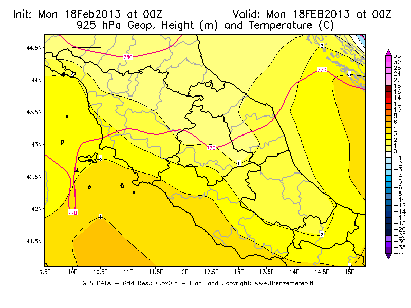 Mappa di analisi GFS - Geopotenziale [m] e Temperatura [°C] a 925 hPa in Centro-Italia
							del 18/02/2013 00 <!--googleoff: index-->UTC<!--googleon: index-->