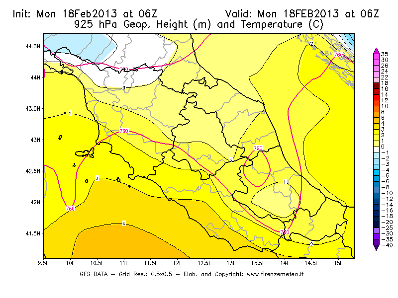 Mappa di analisi GFS - Geopotenziale [m] e Temperatura [°C] a 925 hPa in Centro-Italia
							del 18/02/2013 06 <!--googleoff: index-->UTC<!--googleon: index-->