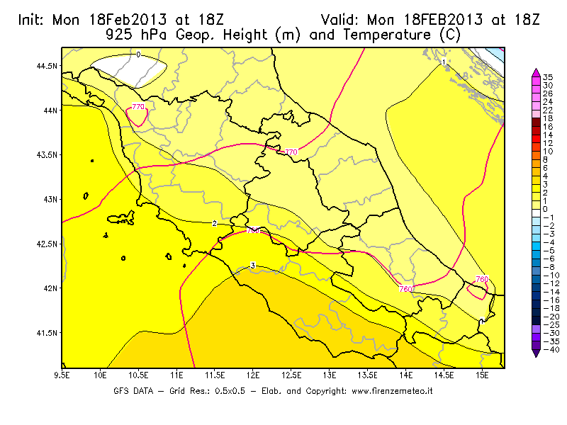 Mappa di analisi GFS - Geopotenziale [m] e Temperatura [°C] a 925 hPa in Centro-Italia
							del 18/02/2013 18 <!--googleoff: index-->UTC<!--googleon: index-->