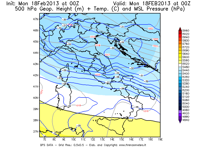 Mappa di analisi GFS - Geopotenziale [m] + Temp. [°C] a 500 hPa + Press. a livello del mare [hPa] in Italia
							del 18/02/2013 00 <!--googleoff: index-->UTC<!--googleon: index-->