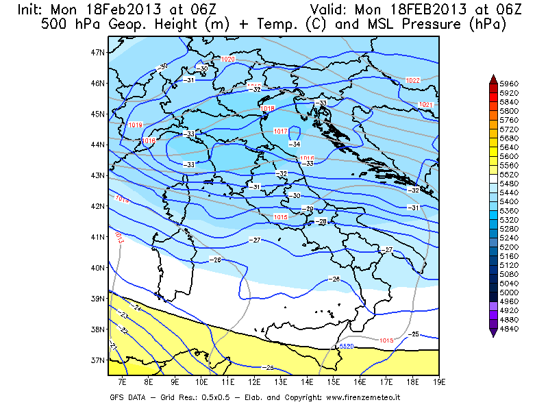 Mappa di analisi GFS - Geopotenziale [m] + Temp. [°C] a 500 hPa + Press. a livello del mare [hPa] in Italia
							del 18/02/2013 06 <!--googleoff: index-->UTC<!--googleon: index-->