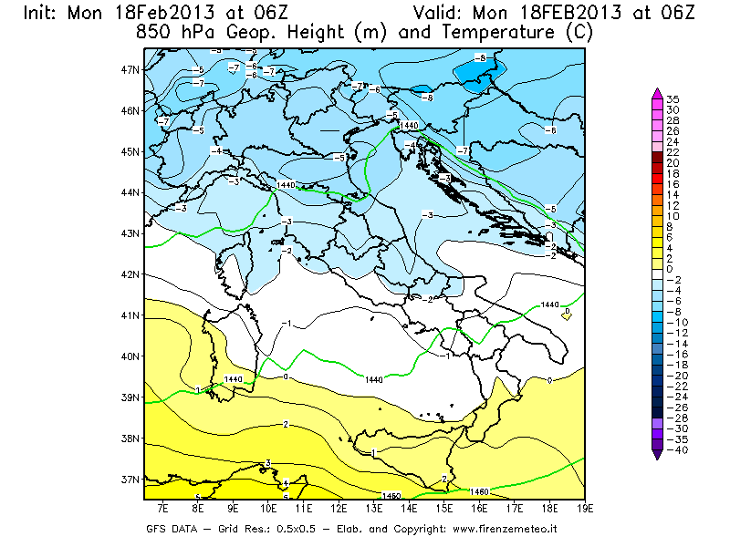 Mappa di analisi GFS - Geopotenziale [m] e Temperatura [°C] a 850 hPa in Italia
							del 18/02/2013 06 <!--googleoff: index-->UTC<!--googleon: index-->
