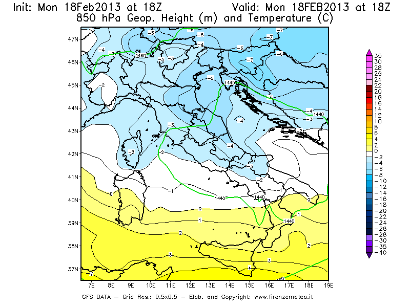 Mappa di analisi GFS - Geopotenziale [m] e Temperatura [°C] a 850 hPa in Italia
							del 18/02/2013 18 <!--googleoff: index-->UTC<!--googleon: index-->