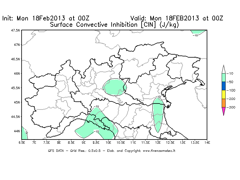 Mappa di analisi GFS - CIN [J/kg] in Nord-Italia
							del 18/02/2013 00 <!--googleoff: index-->UTC<!--googleon: index-->