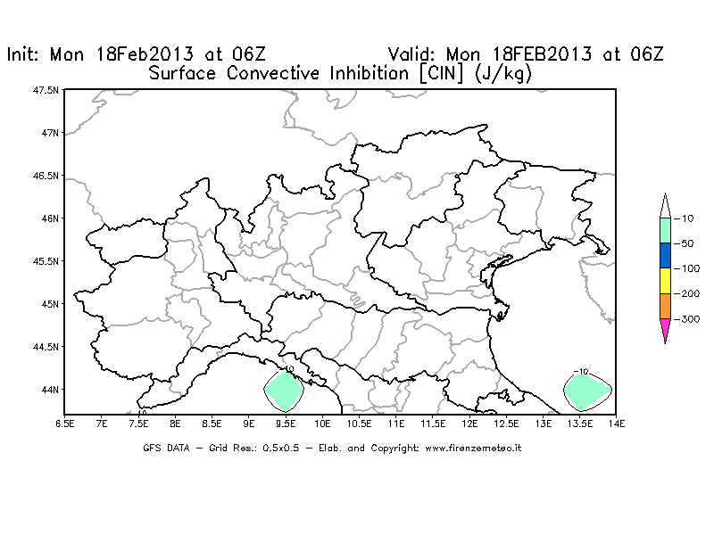 Mappa di analisi GFS - CIN [J/kg] in Nord-Italia
							del 18/02/2013 06 <!--googleoff: index-->UTC<!--googleon: index-->