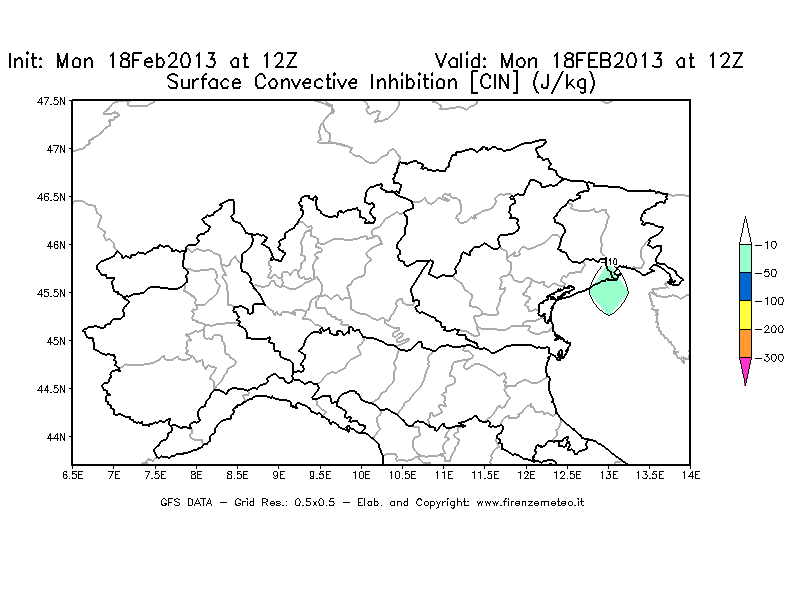 Mappa di analisi GFS - CIN [J/kg] in Nord-Italia
							del 18/02/2013 12 <!--googleoff: index-->UTC<!--googleon: index-->