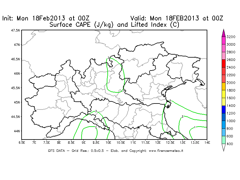Mappa di analisi GFS - CAPE [J/kg] e Lifted Index [°C] in Nord-Italia
							del 18/02/2013 00 <!--googleoff: index-->UTC<!--googleon: index-->