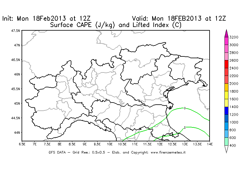 Mappa di analisi GFS - CAPE [J/kg] e Lifted Index [°C] in Nord-Italia
							del 18/02/2013 12 <!--googleoff: index-->UTC<!--googleon: index-->