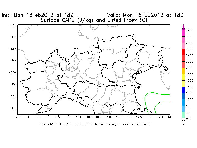 Mappa di analisi GFS - CAPE [J/kg] e Lifted Index [°C] in Nord-Italia
							del 18/02/2013 18 <!--googleoff: index-->UTC<!--googleon: index-->