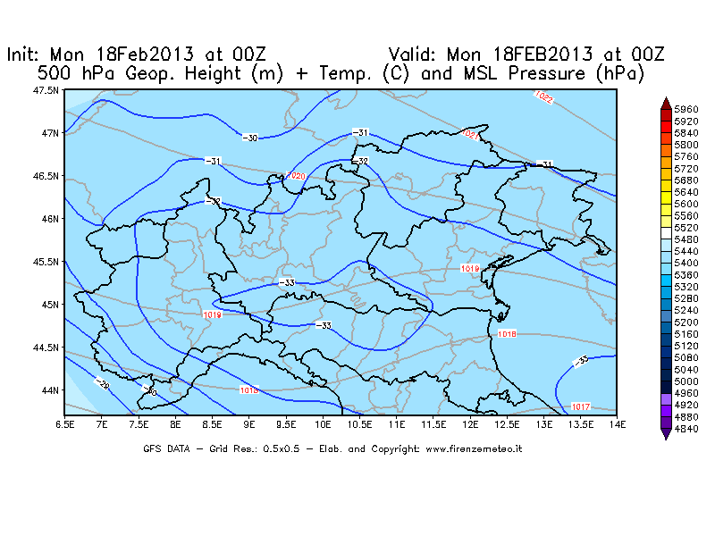 Mappa di analisi GFS - Geopotenziale [m] + Temp. [°C] a 500 hPa + Press. a livello del mare [hPa] in Nord-Italia
							del 18/02/2013 00 <!--googleoff: index-->UTC<!--googleon: index-->