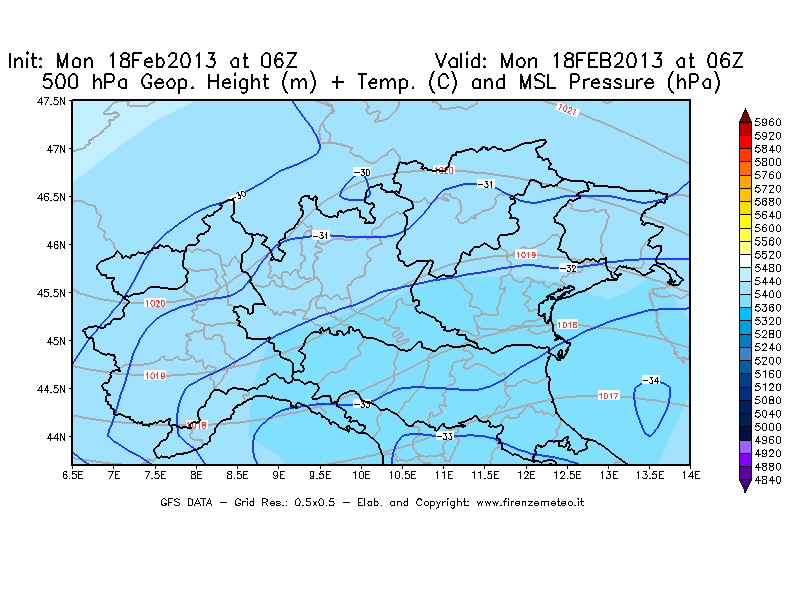 Mappa di analisi GFS - Geopotenziale [m] + Temp. [°C] a 500 hPa + Press. a livello del mare [hPa] in Nord-Italia
							del 18/02/2013 06 <!--googleoff: index-->UTC<!--googleon: index-->