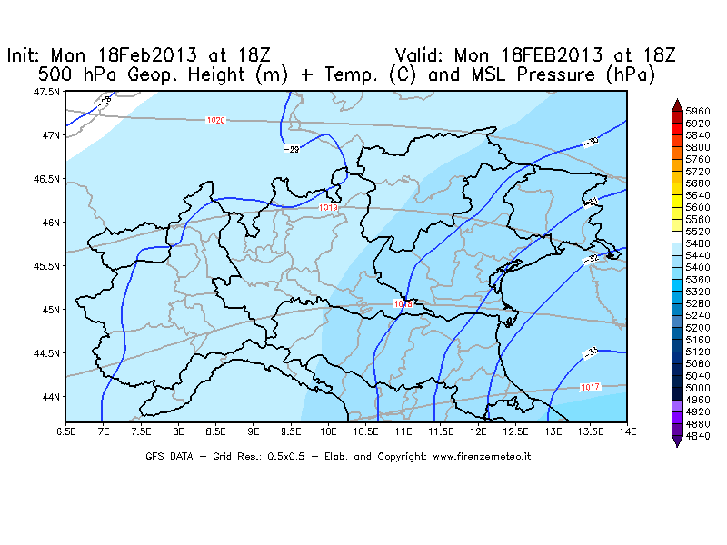 Mappa di analisi GFS - Geopotenziale [m] + Temp. [°C] a 500 hPa + Press. a livello del mare [hPa] in Nord-Italia
							del 18/02/2013 18 <!--googleoff: index-->UTC<!--googleon: index-->
