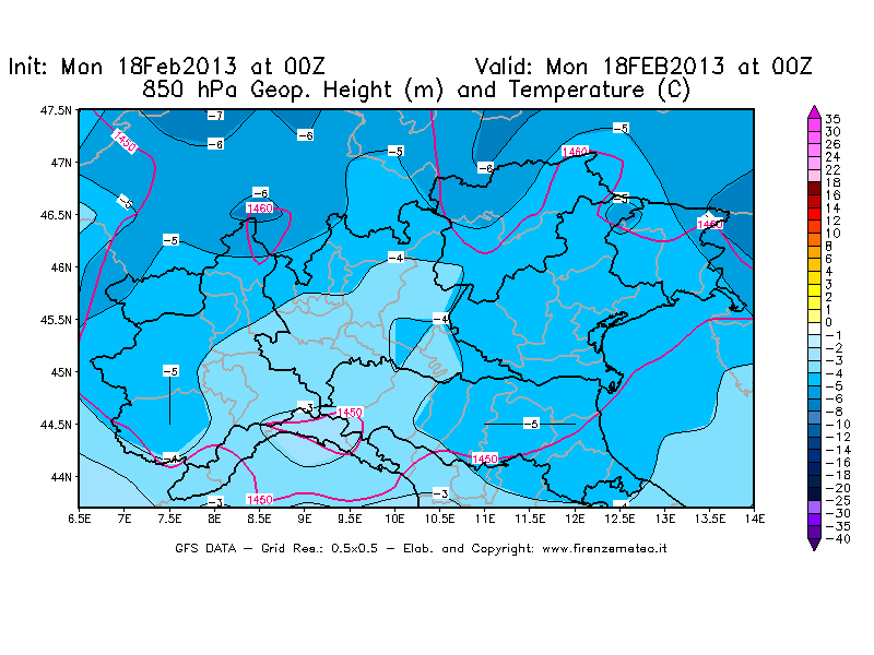 Mappa di analisi GFS - Geopotenziale [m] e Temperatura [°C] a 850 hPa in Nord-Italia
							del 18/02/2013 00 <!--googleoff: index-->UTC<!--googleon: index-->