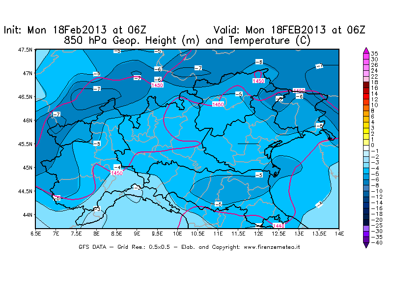 Mappa di analisi GFS - Geopotenziale [m] e Temperatura [°C] a 850 hPa in Nord-Italia
							del 18/02/2013 06 <!--googleoff: index-->UTC<!--googleon: index-->