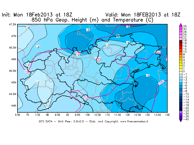 Mappa di analisi GFS - Geopotenziale [m] e Temperatura [°C] a 850 hPa in Nord-Italia
							del 18/02/2013 18 <!--googleoff: index-->UTC<!--googleon: index-->