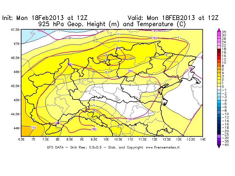 Mappa di analisi GFS - Geopotenziale [m] e Temperatura [°C] a 925 hPa in Nord-Italia
							del 18/02/2013 12 <!--googleoff: index-->UTC<!--googleon: index-->
