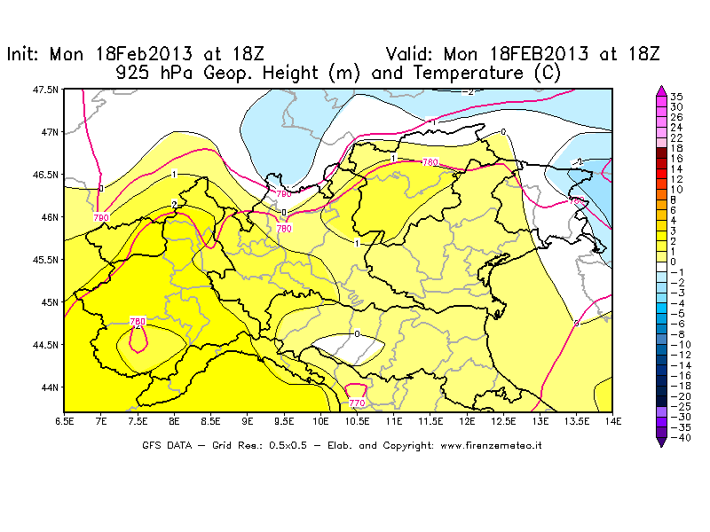 Mappa di analisi GFS - Geopotenziale [m] e Temperatura [°C] a 925 hPa in Nord-Italia
							del 18/02/2013 18 <!--googleoff: index-->UTC<!--googleon: index-->