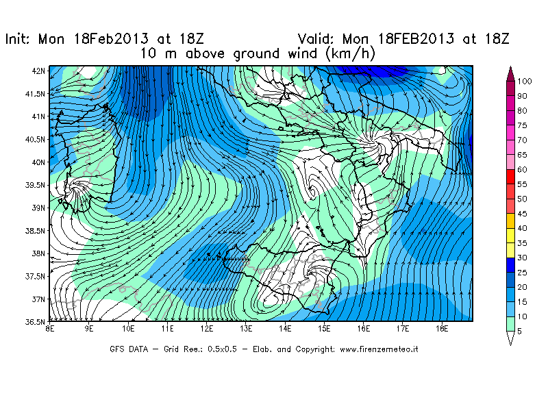 Mappa di analisi GFS - Velocità del vento a 10 metri dal suolo [km/h] in Sud-Italia
							del 18/02/2013 18 <!--googleoff: index-->UTC<!--googleon: index-->