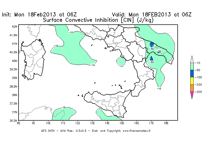 Mappa di analisi GFS - CIN [J/kg] in Sud-Italia
							del 18/02/2013 06 <!--googleoff: index-->UTC<!--googleon: index-->