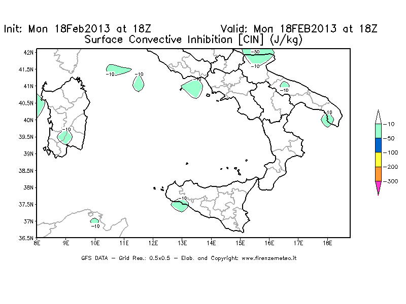 Mappa di analisi GFS - CIN [J/kg] in Sud-Italia
							del 18/02/2013 18 <!--googleoff: index-->UTC<!--googleon: index-->