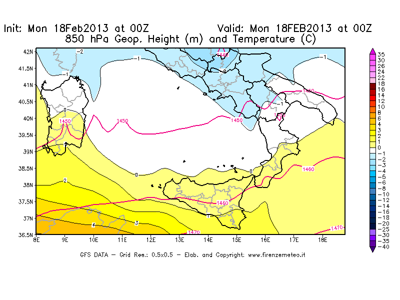 Mappa di analisi GFS - Geopotenziale [m] e Temperatura [°C] a 850 hPa in Sud-Italia
							del 18/02/2013 00 <!--googleoff: index-->UTC<!--googleon: index-->
