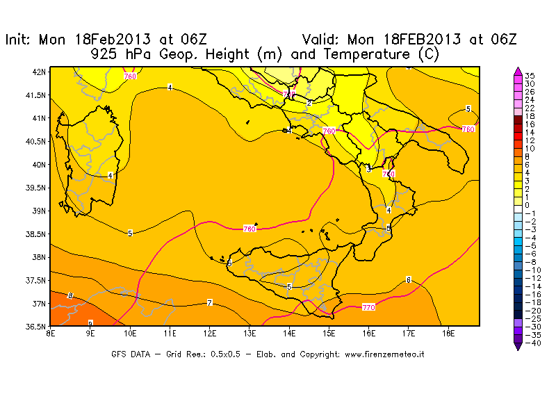 Mappa di analisi GFS - Geopotenziale [m] e Temperatura [°C] a 925 hPa in Sud-Italia
							del 18/02/2013 06 <!--googleoff: index-->UTC<!--googleon: index-->
